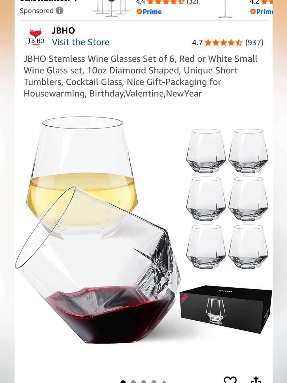 JB HO colored stemless wine glass set of 6 new chrome silver gold rose gold 10oz